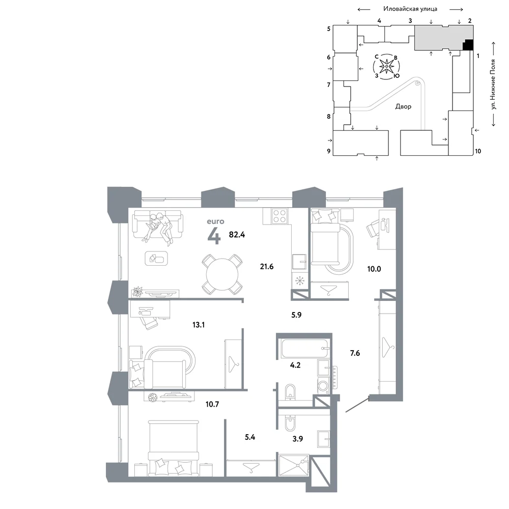 4 комн. Квартира 82.4 кв. м