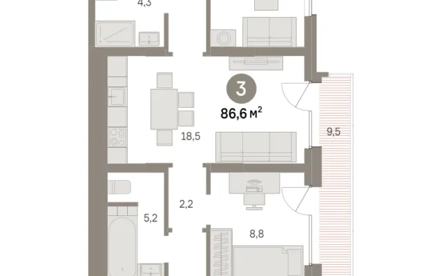 3 комн. Квартира 86.6 кв. м, Московская область Москва