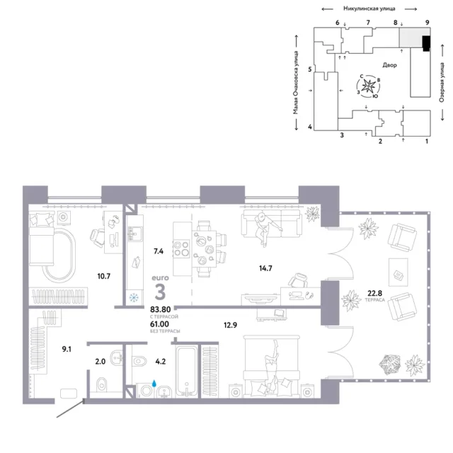 3 комн. Квартира 76.7 кв. м
