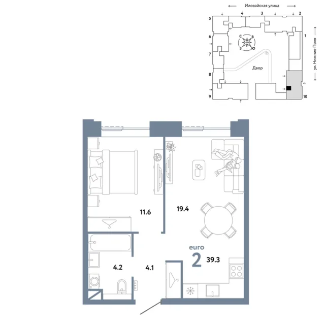 2 комн. Квартира 39.3 кв. м