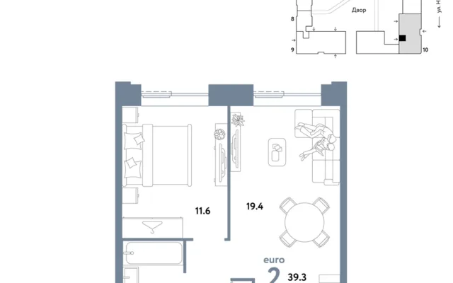 2 комн. Квартира 39.3 кв. м, Москва