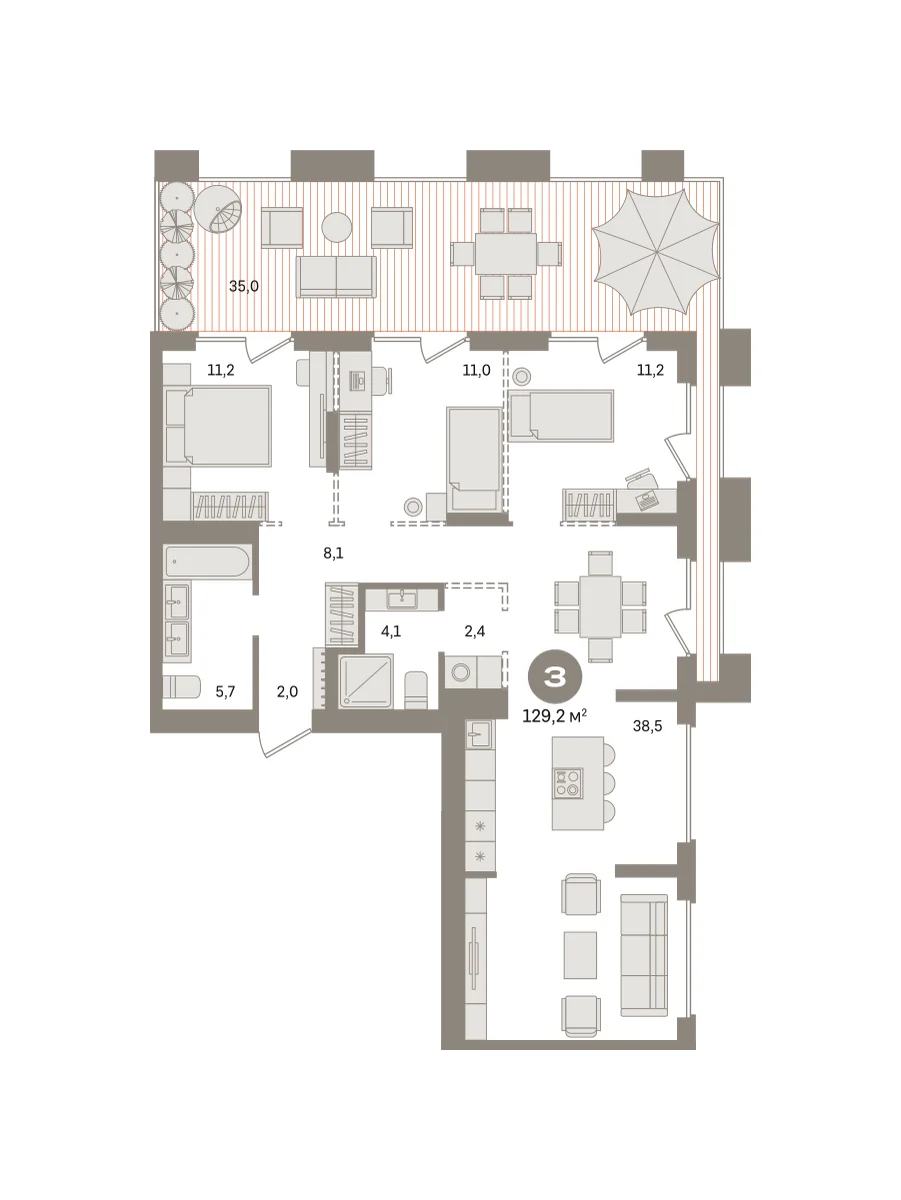 3 комн. Квартира 129.2 кв. м
