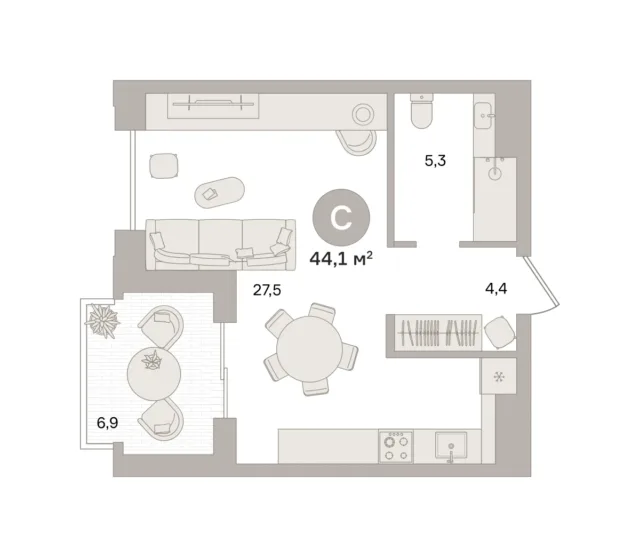 Квартира 44.1 кв. м