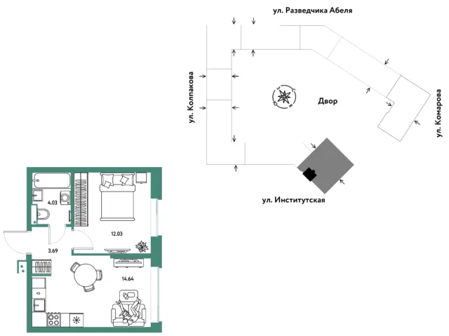 2 комн. Квартира 34.4 кв. м