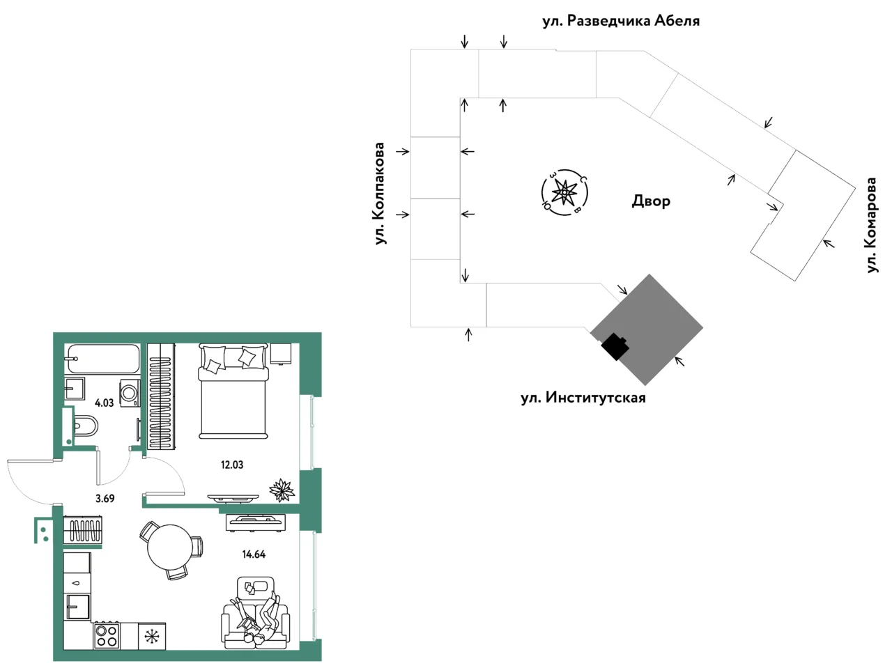2 комн. Квартира 34.4 кв. м