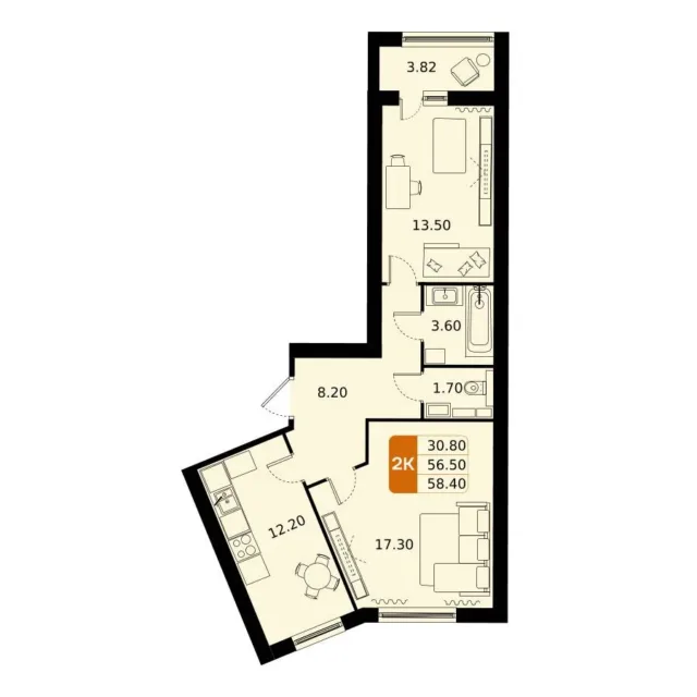 2 комн. Квартира 58.4 кв. м