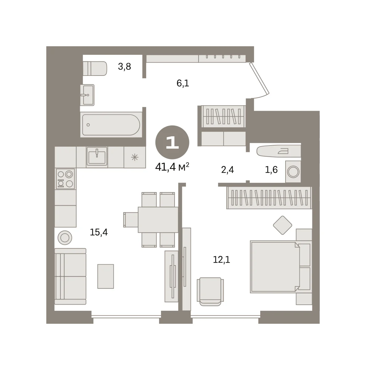 1 комн. Квартира 41.4 кв. м