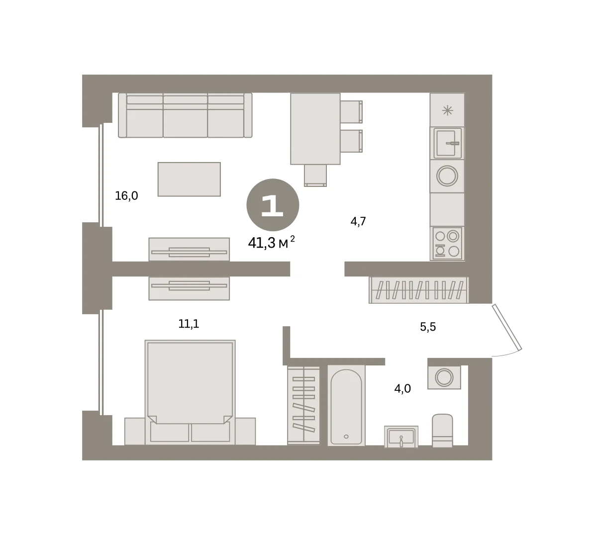 1 комн. Квартира 41.3 кв. м