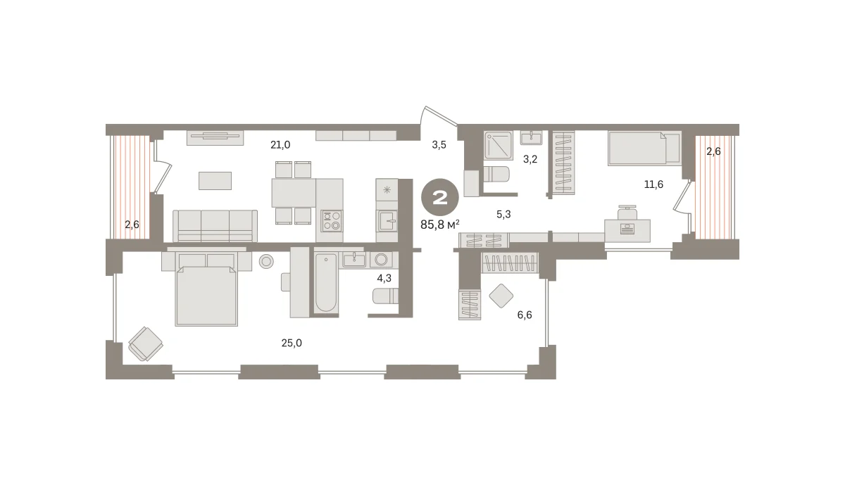 2 комн. Квартира 85.8 кв. м