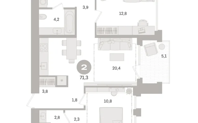 2 комн. Квартира 71.3 кв. м, Московская область Москва
