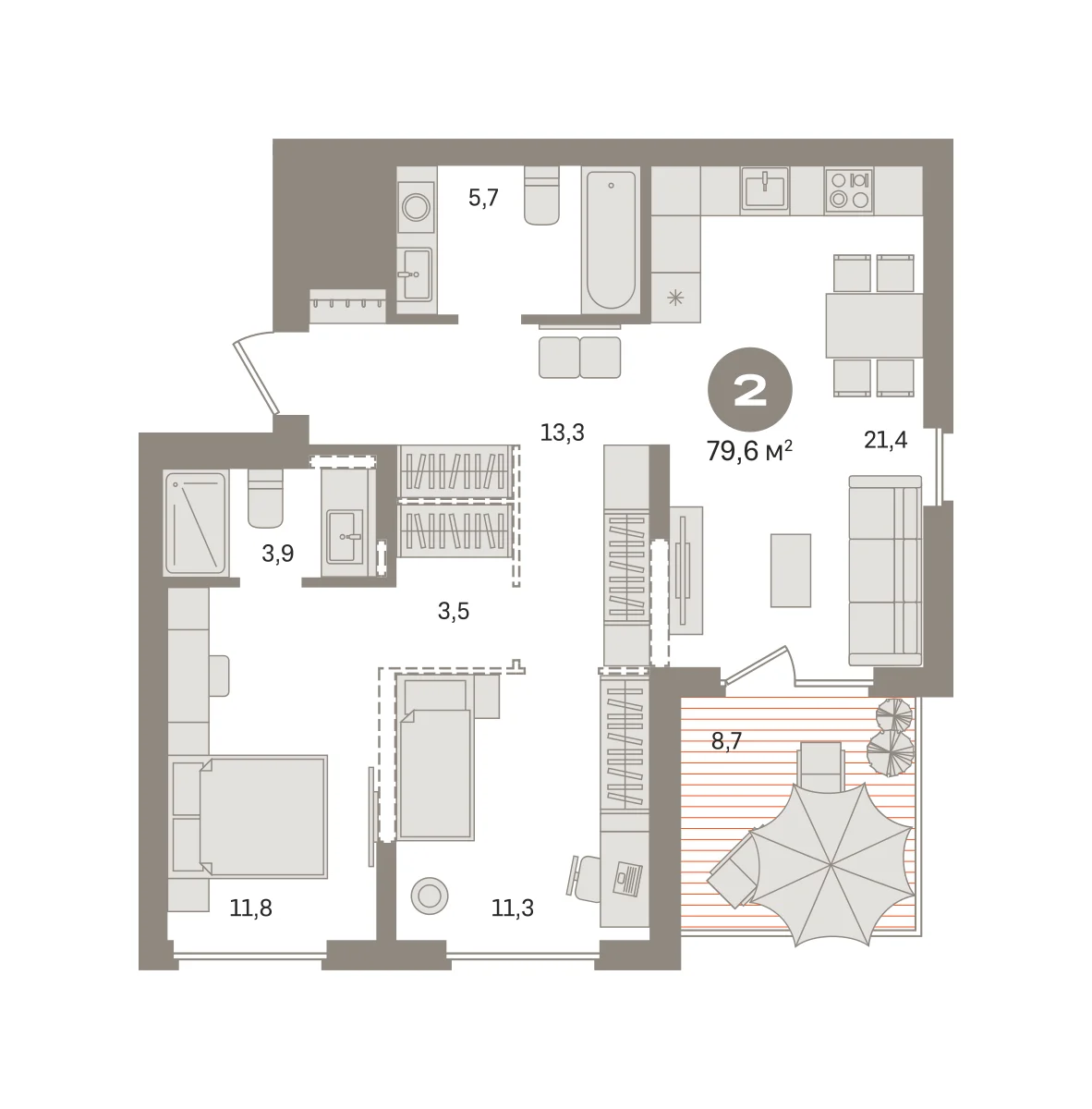 2 комн. Квартира 79.6 кв. м