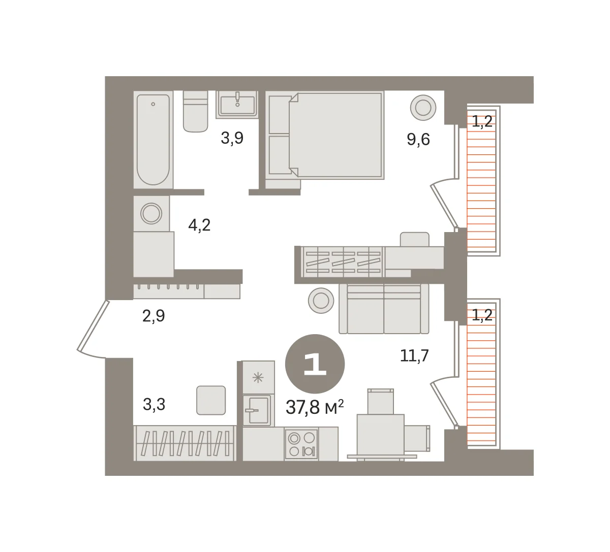 1 комн. Квартира 37.8 кв. м