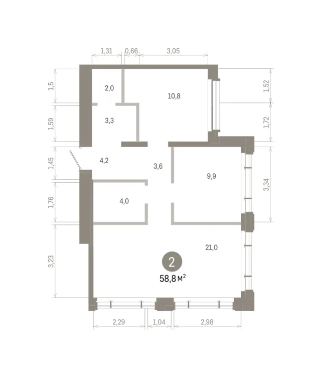 2 комн. Квартира 58.8 кв. м