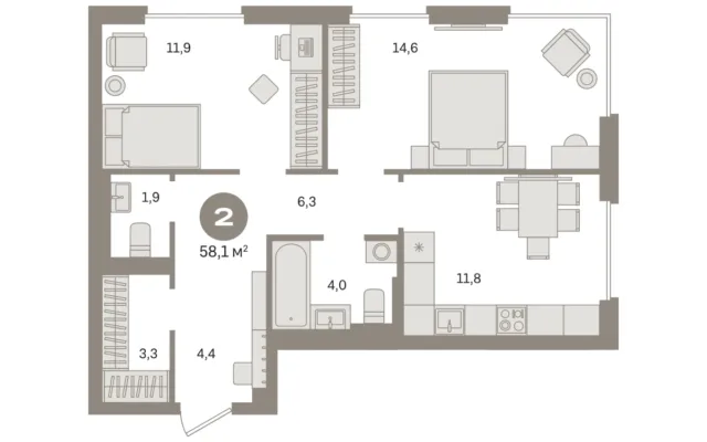 2 комн. Квартира 58.1 кв. м, Московская область Москва