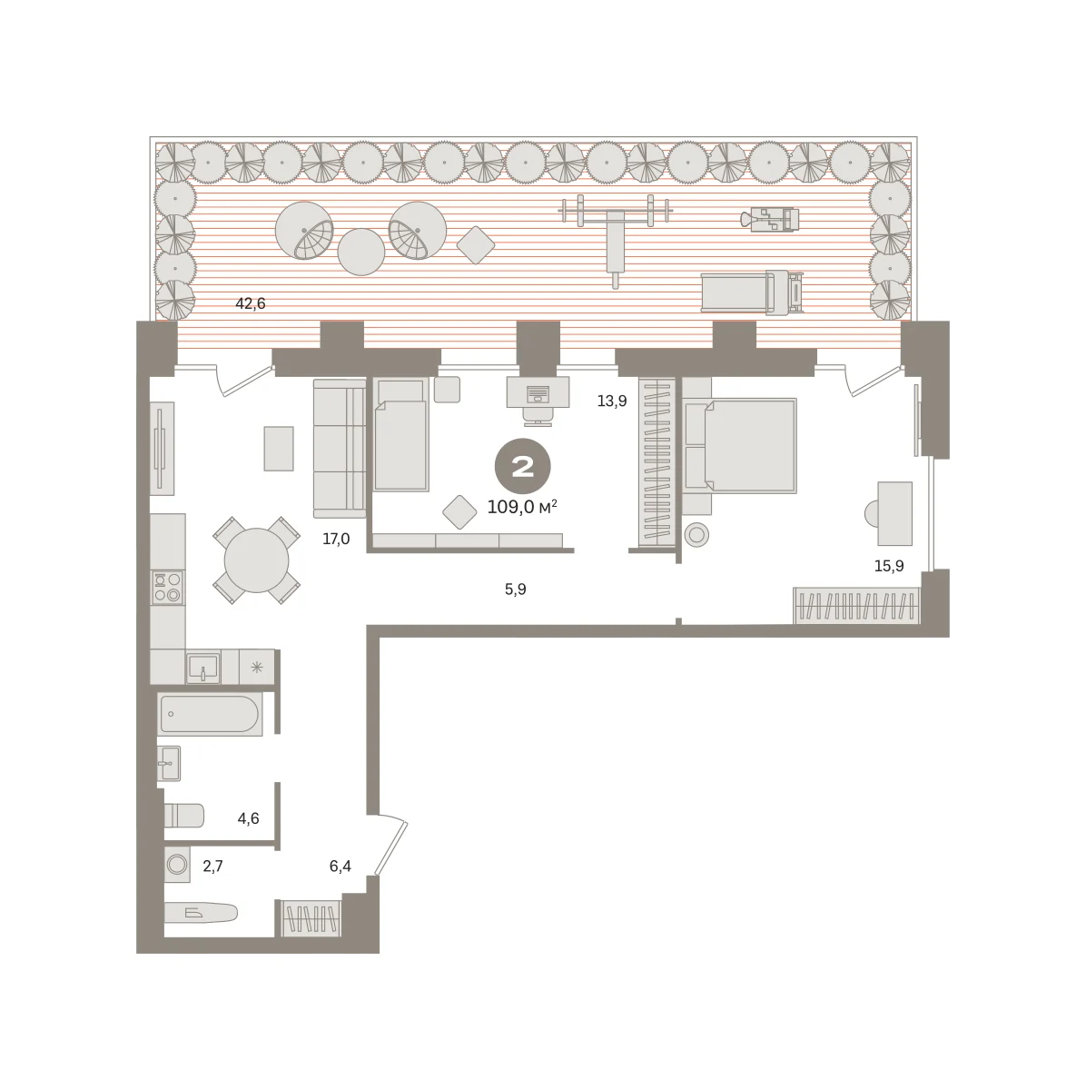 2 комн. Квартира 109 кв. м