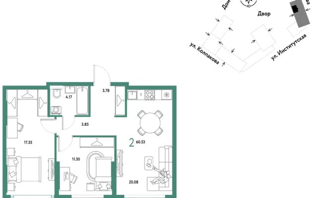2 комн. Квартира 60.5 кв. м, Москва