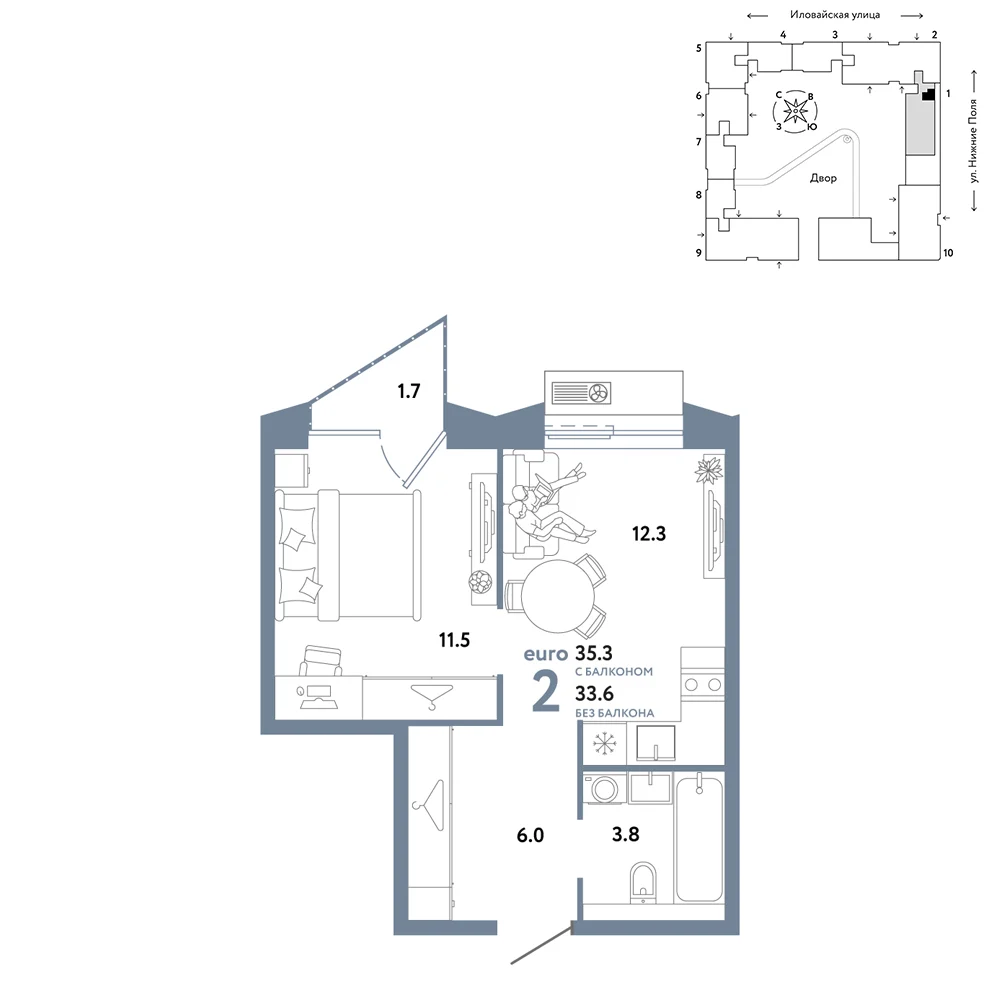 2 комн. Квартира 35.3 кв. м