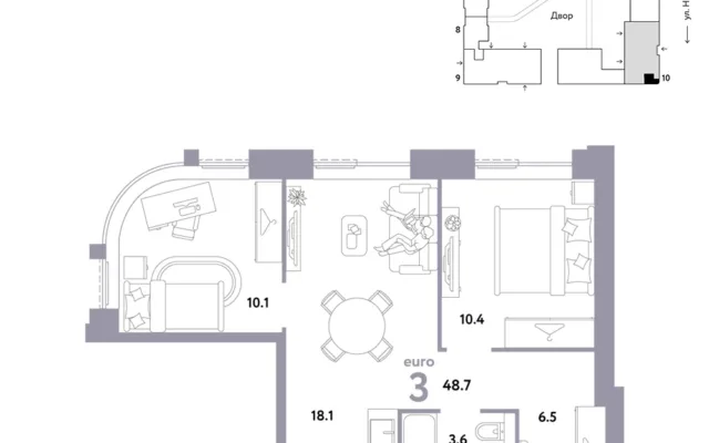 3 комн. Квартира 48.7 кв. м, Москва