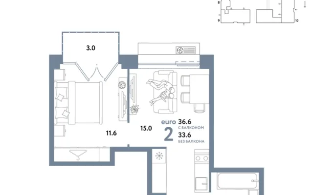 2 комн. Квартира 36.6 кв. м, Москва