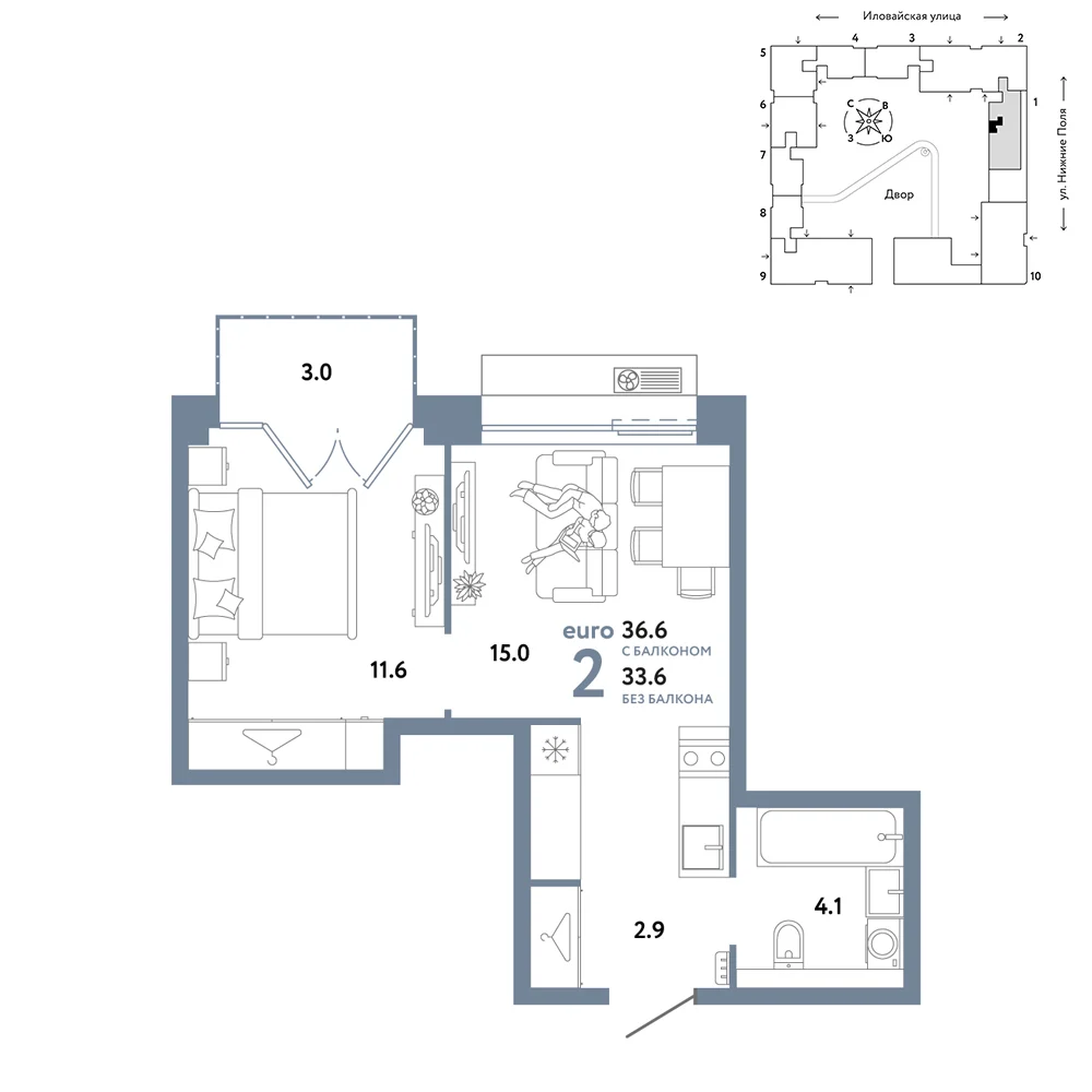 2 комн. Квартира 36.6 кв. м