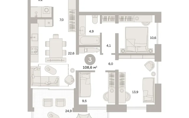 3 комн. Квартира 108.6 кв. м, Московская область Москва