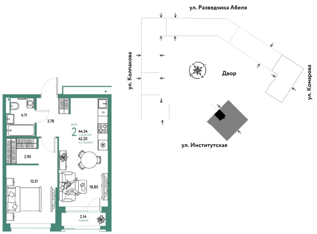 2 комн. Квартира 44.3 кв. м