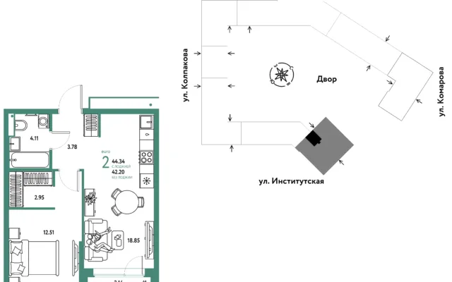 2 комн. Квартира 44.3 кв. м, Москва