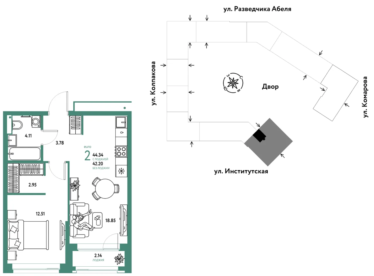 2 комн. Квартира 44.3 кв. м