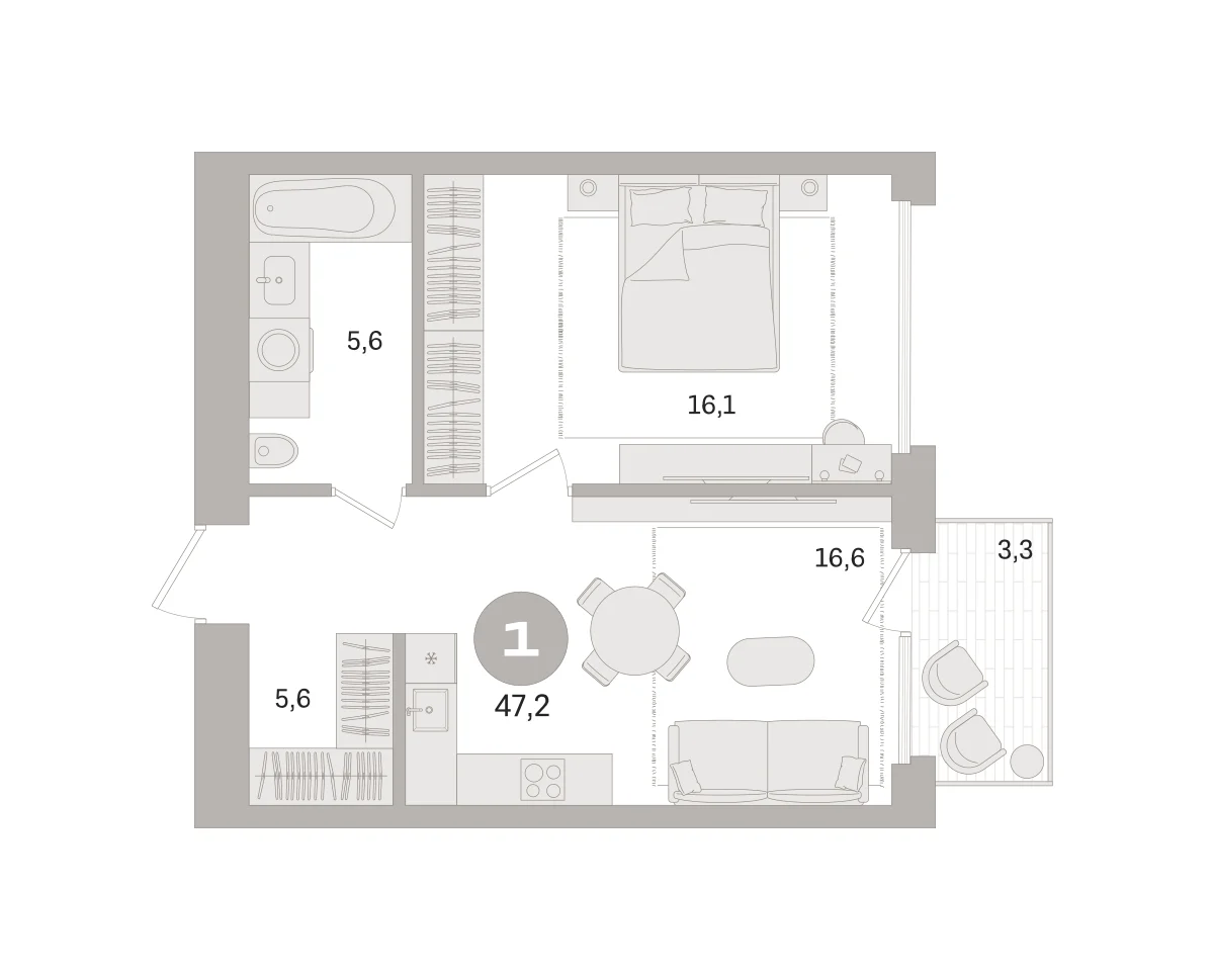 1 комн. Квартира 47.2 кв. м