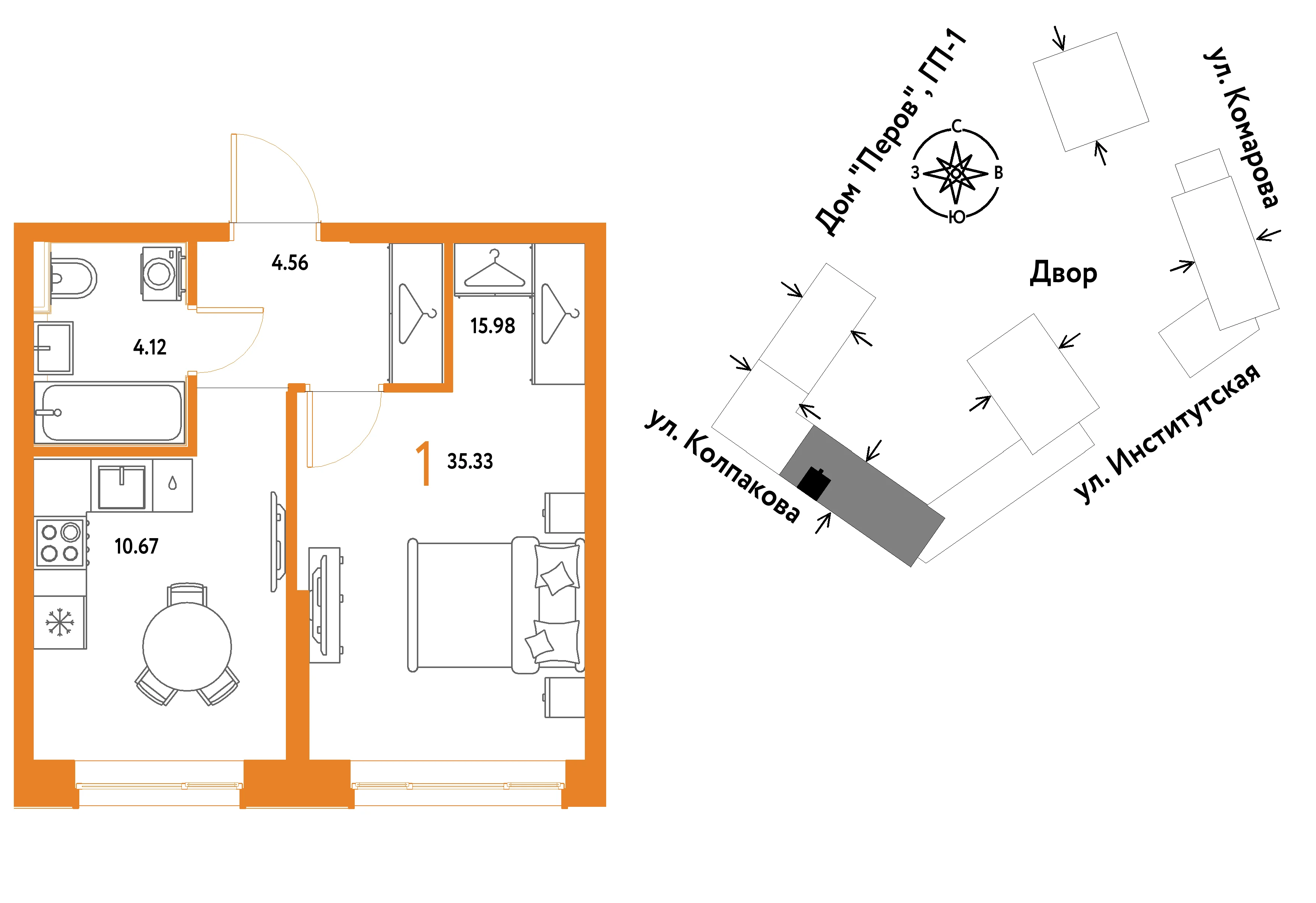 1 комн. Квартира 35.3 кв. м