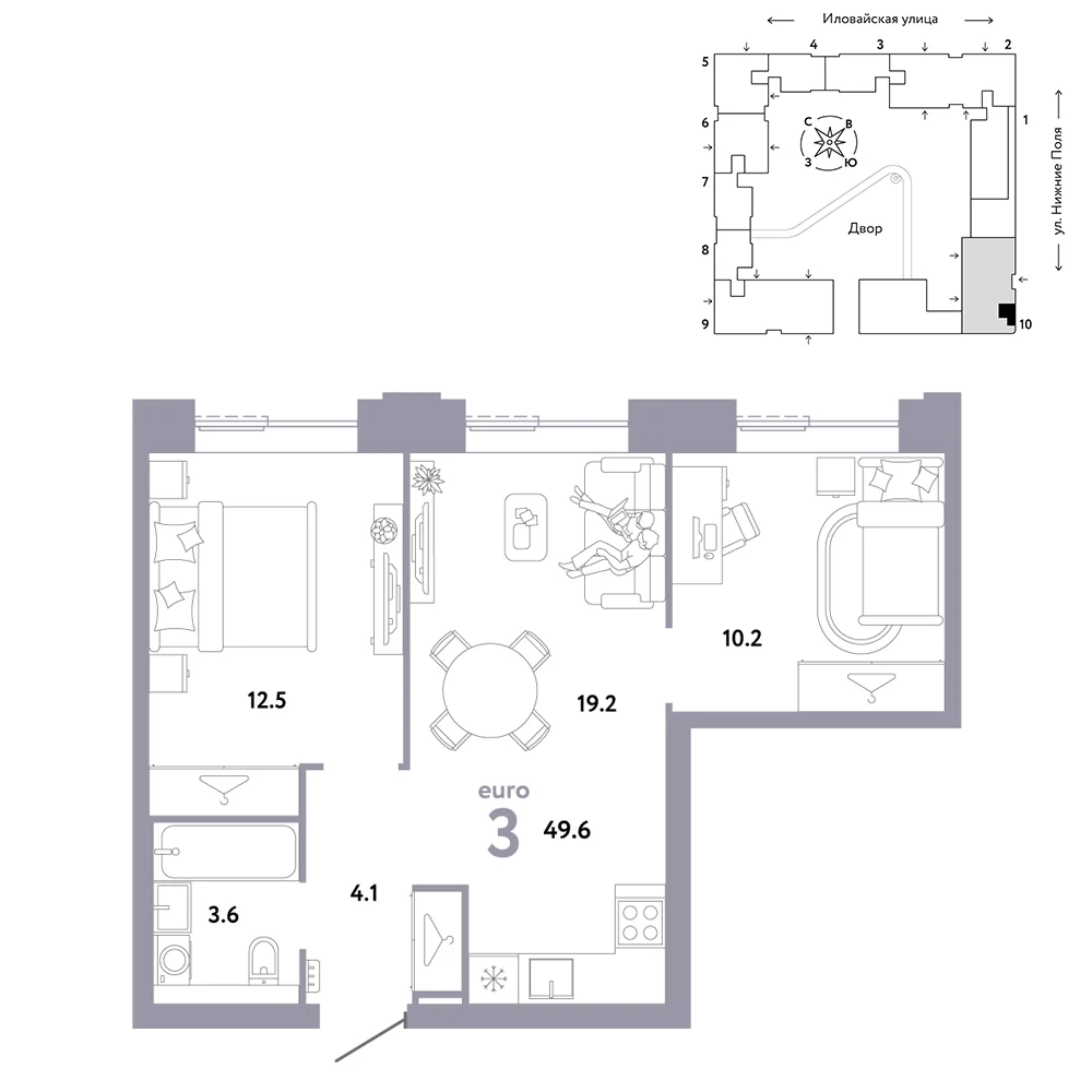 3 комн. Квартира 49.6 кв. м
