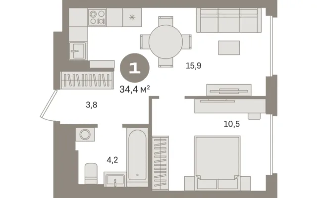 1 комн. Квартира 34.4 кв. м, Московская область Москва