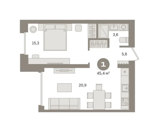 1 комн. Квартира 45.4 кв. м