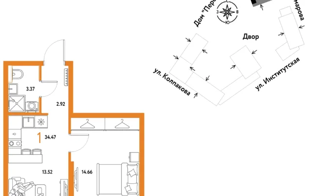 1 комн. Квартира 34.5 кв. м, Москва