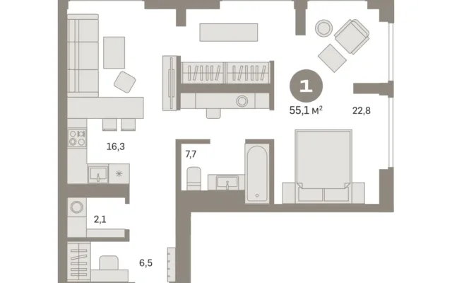 1 комн. Квартира 55.8 кв. м, Московская область Москва