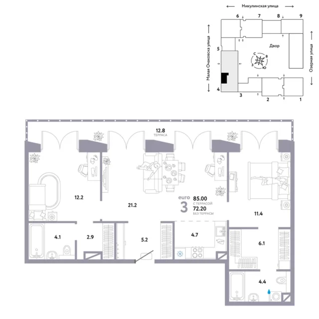3 комн. Квартира 84.6 кв. м