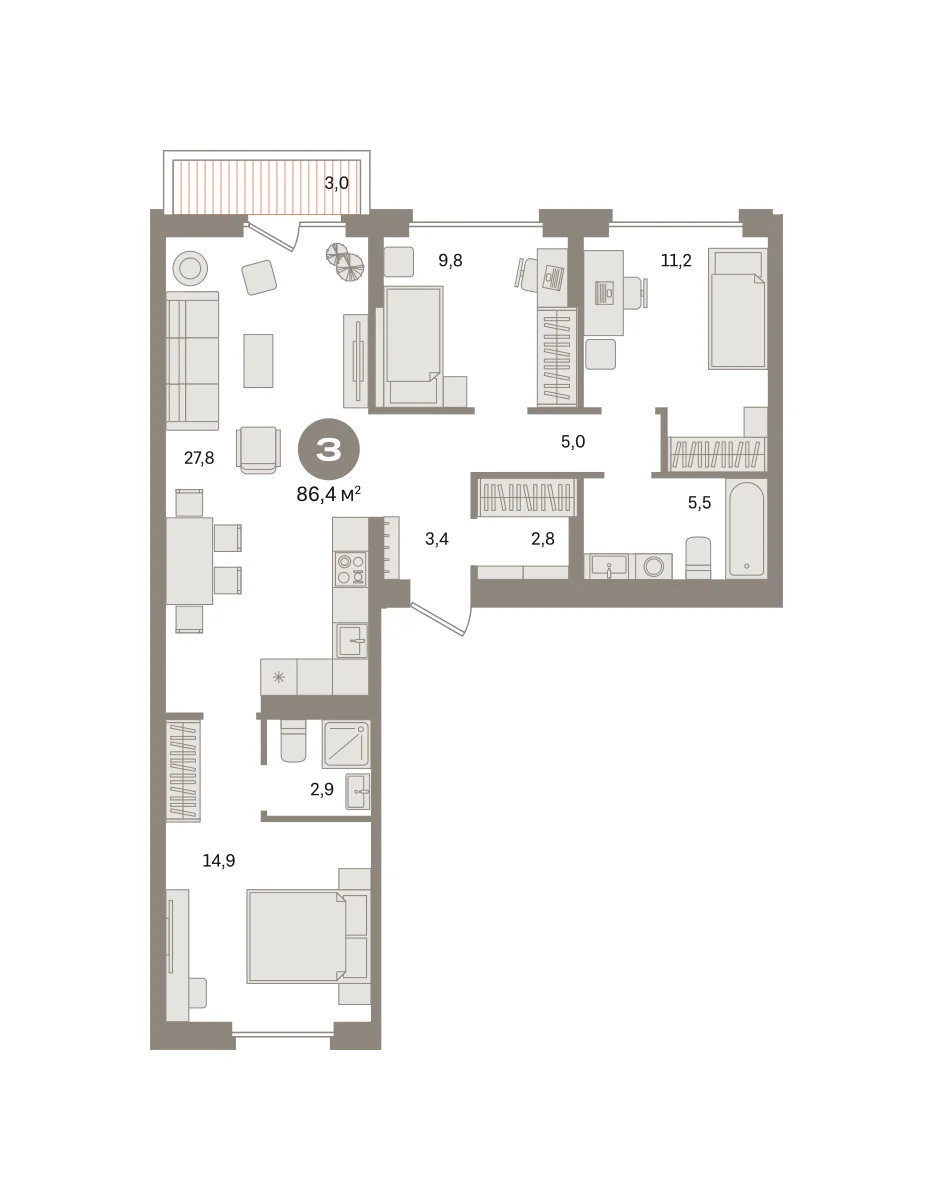 3 комн. Квартира 86.4 кв. м
