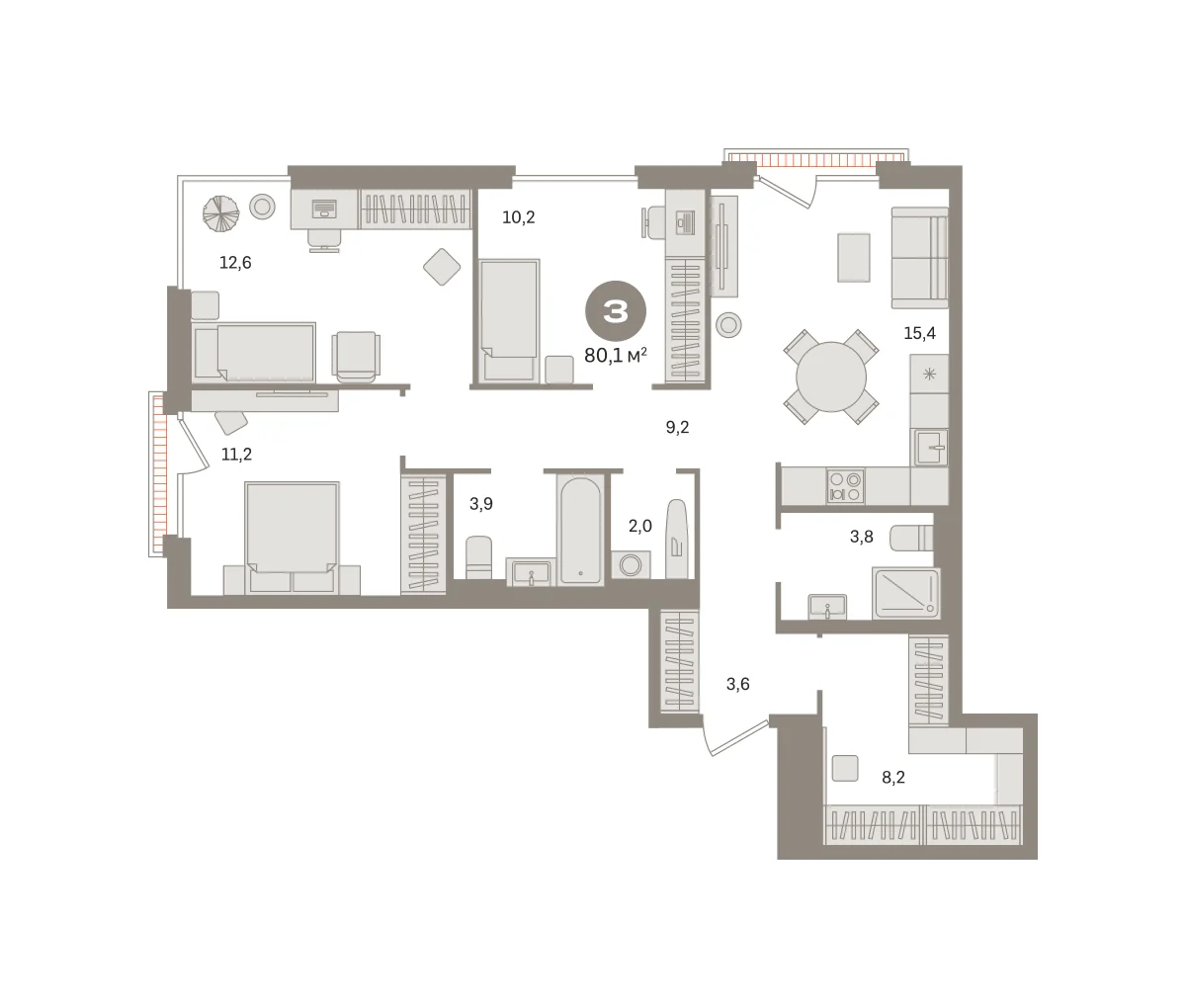3 комн. Квартира 80.1 кв. м