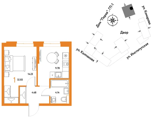 1 комн. Квартира 32.8 кв. м
