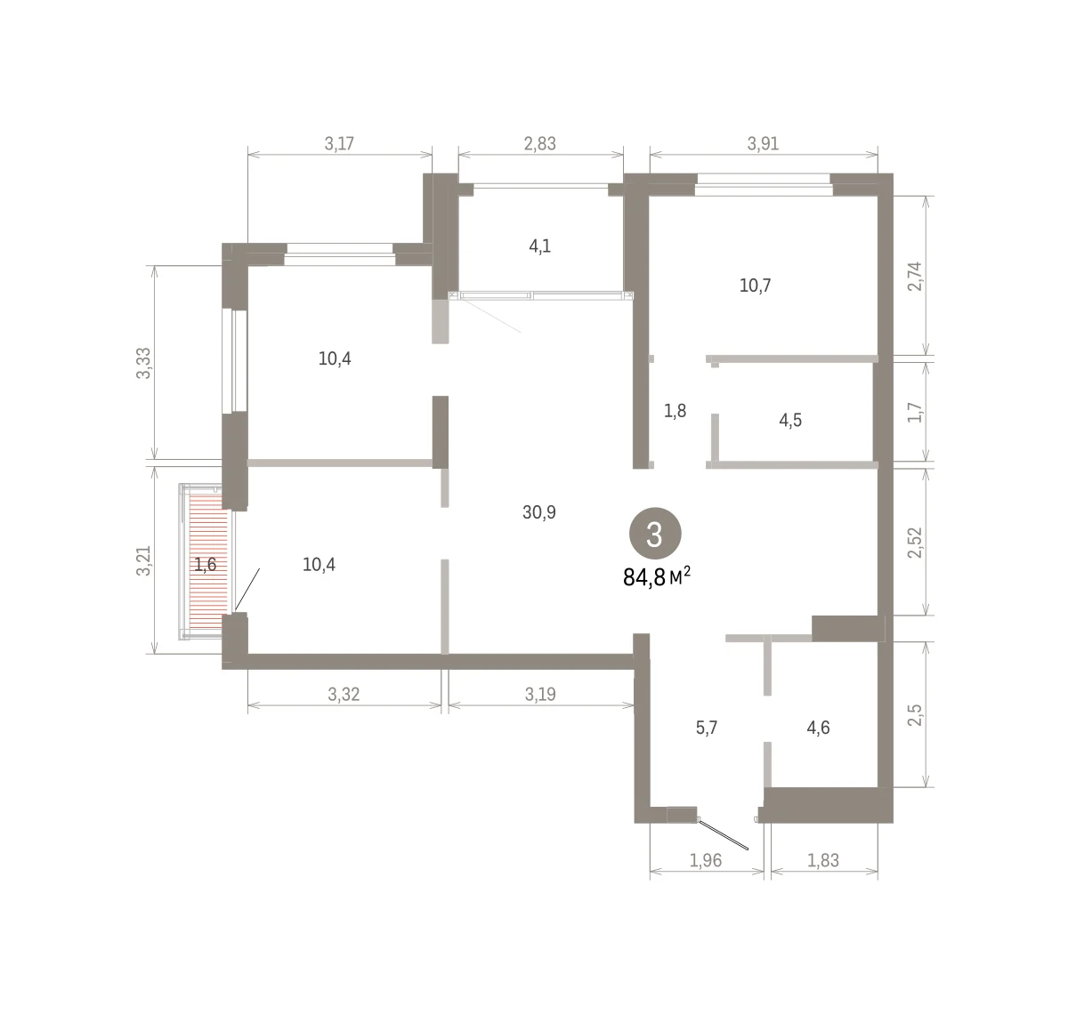 3 комн. Квартира 84.3 кв. м