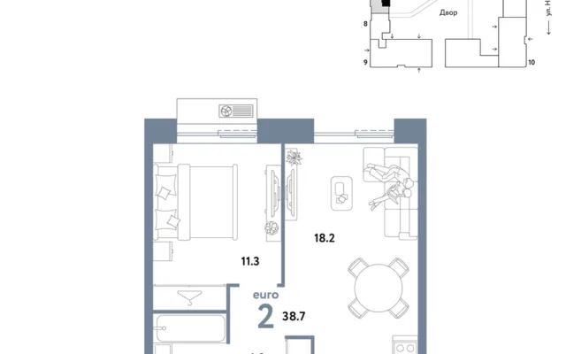 2 комн. Квартира 38.7 кв. м, Москва