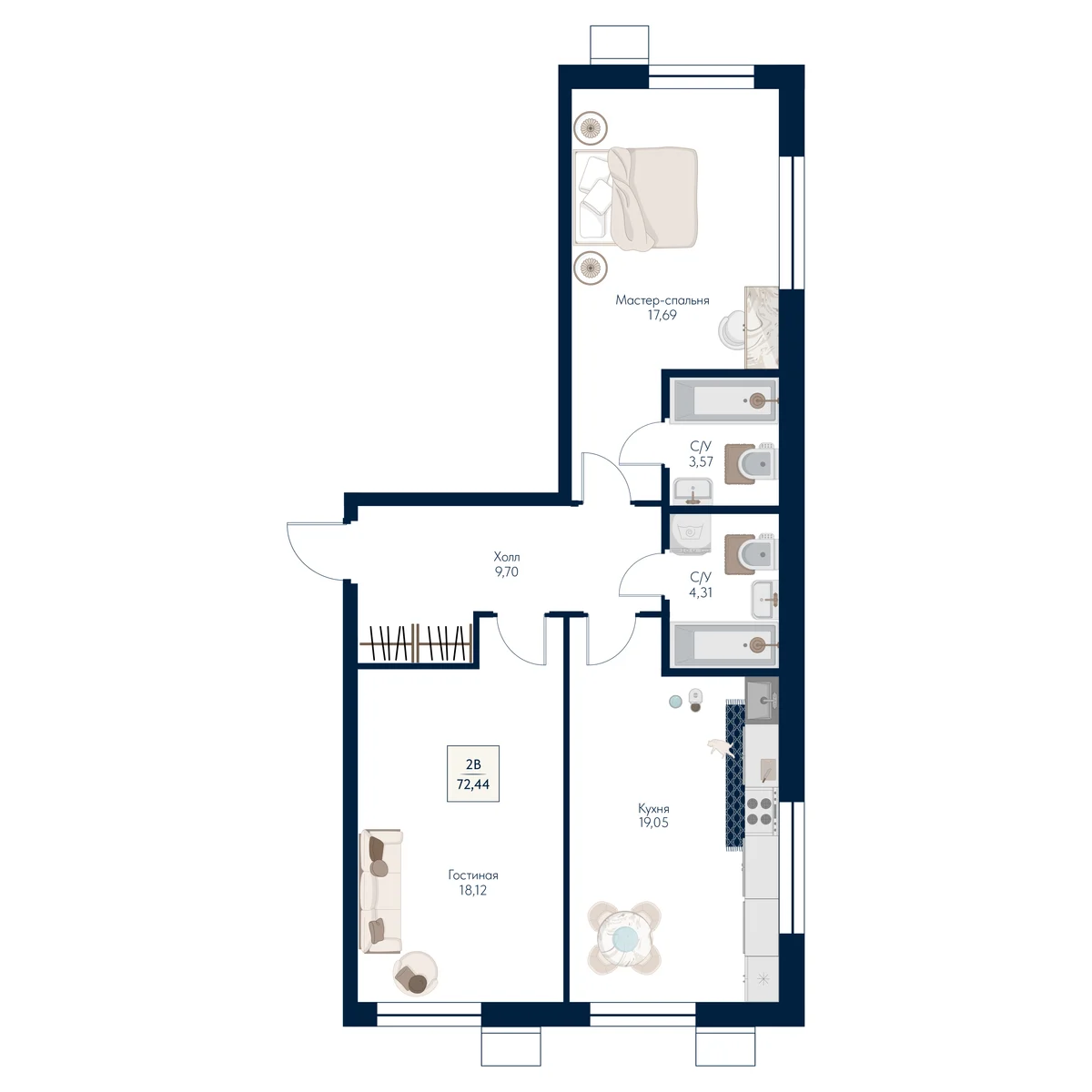 2 комн. Квартира 72.4 кв. м