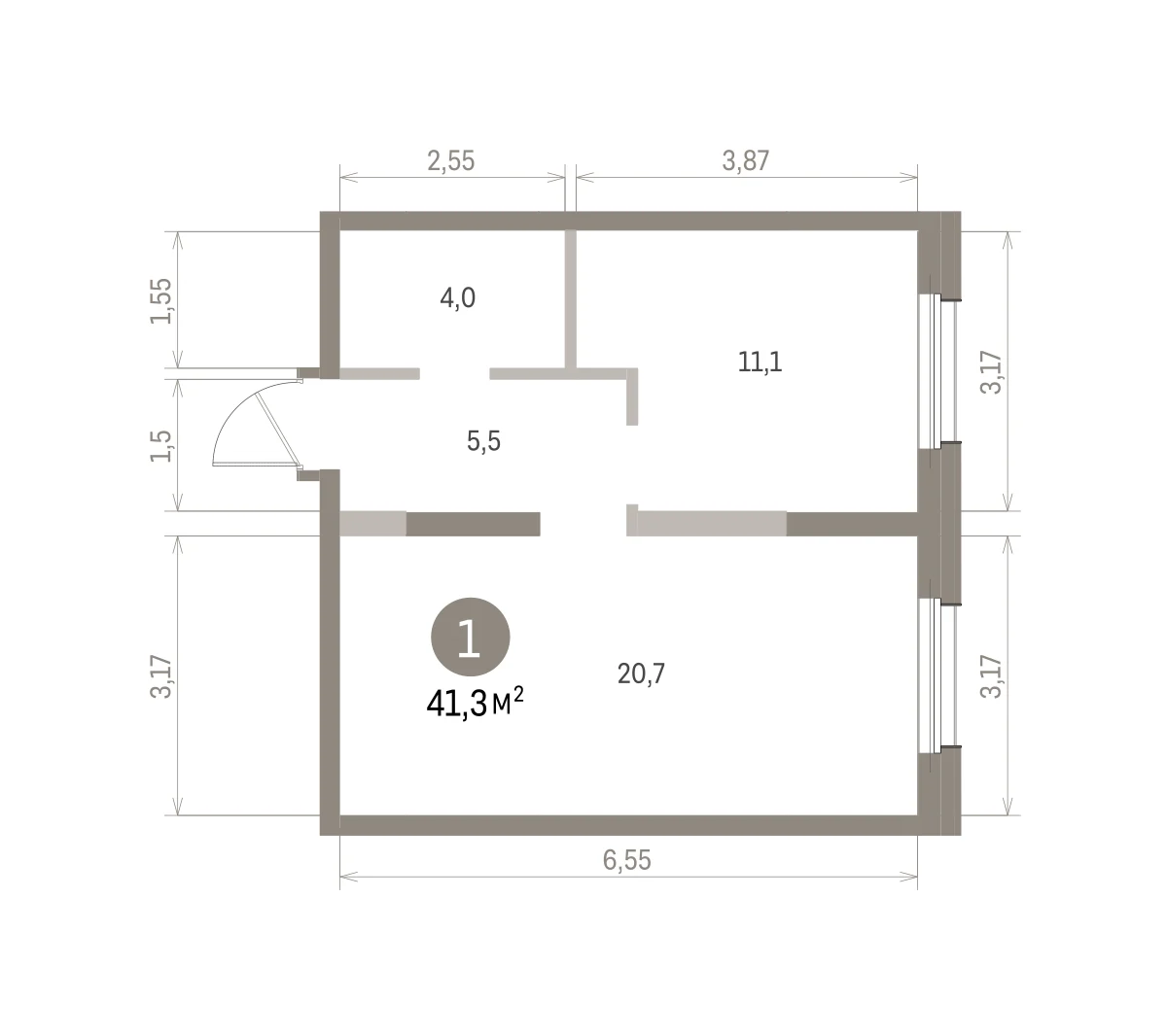 1 комн. Квартира 41.3 кв. м