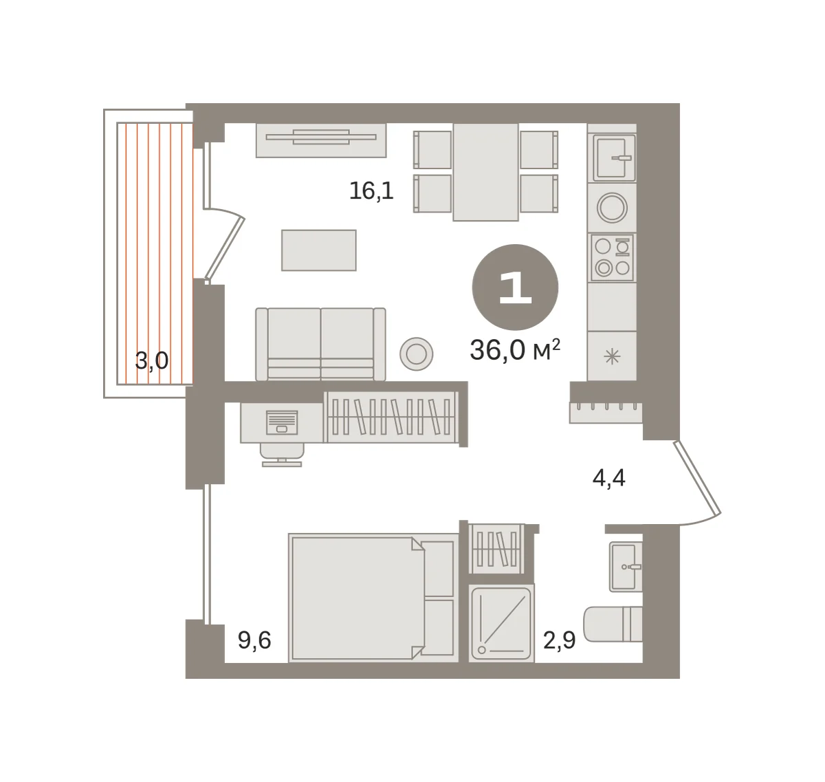 1 комн. Квартира 36 кв. м
