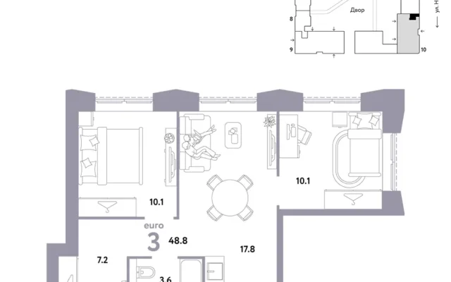 3 комн. Квартира 48.8 кв. м, Москва