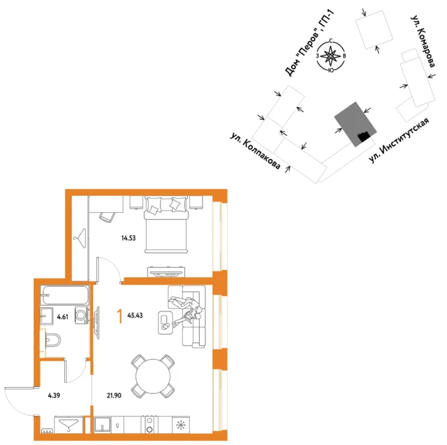 1 комн. Квартира 45.4 кв. м