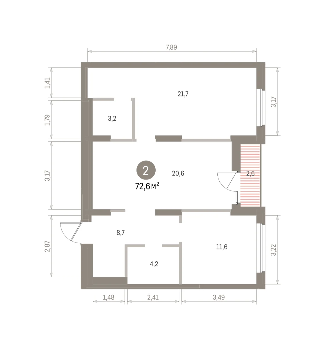2 комн. Квартира 72.6 кв. м