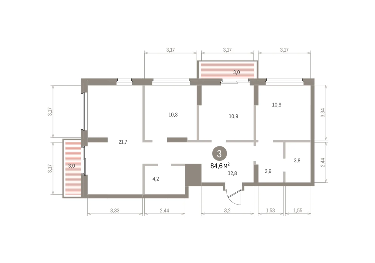 3 комн. Квартира 84.6 кв. м