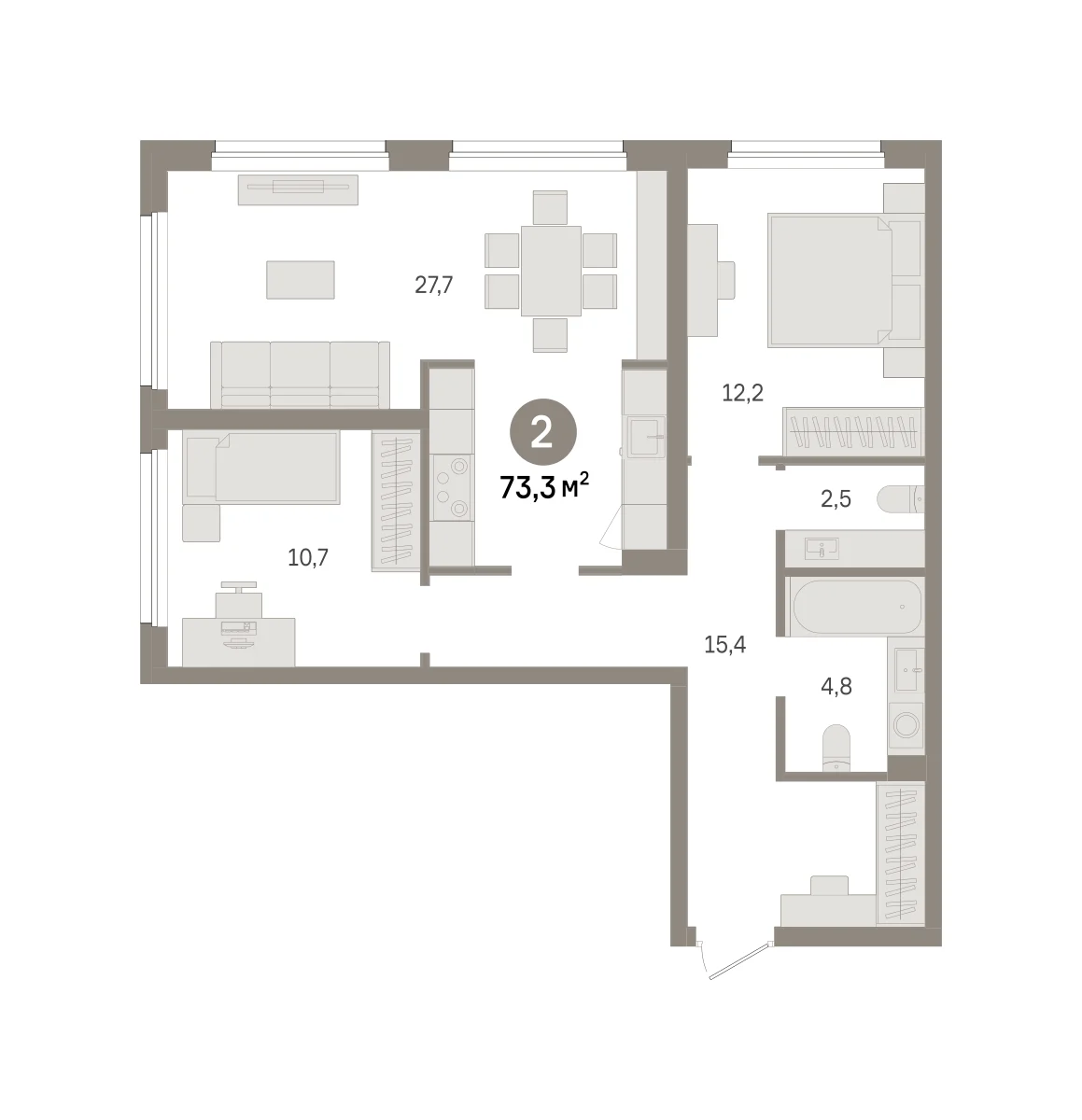 2 комн. Квартира 73.3 кв. м
