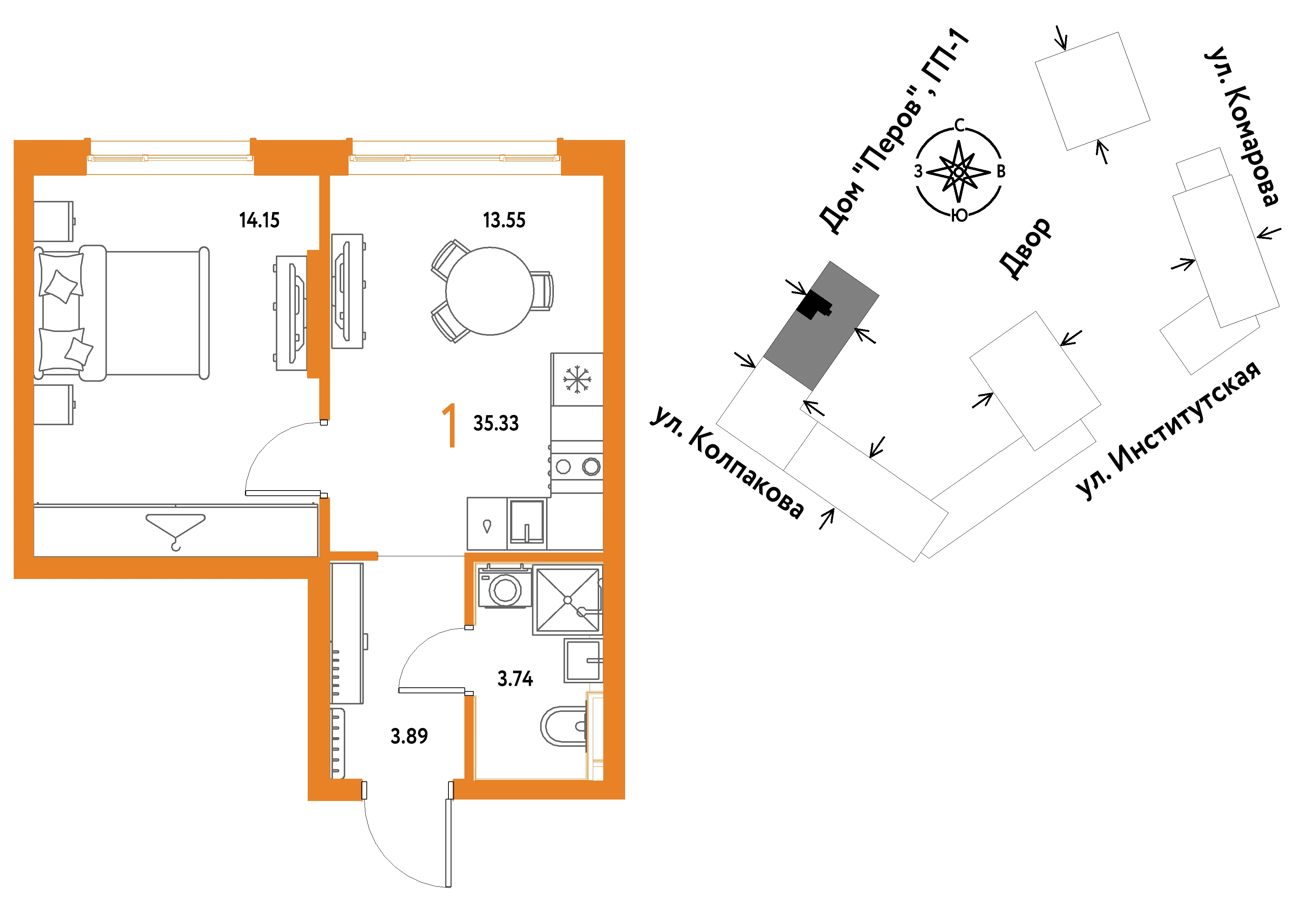 1 комн. Квартира 35.3 кв. м